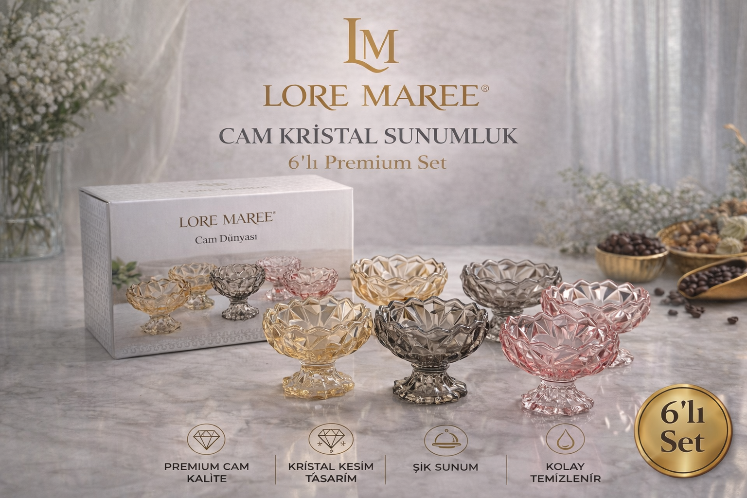Lore Maree Cam Kristal Sunumluk – 6’lı Set
