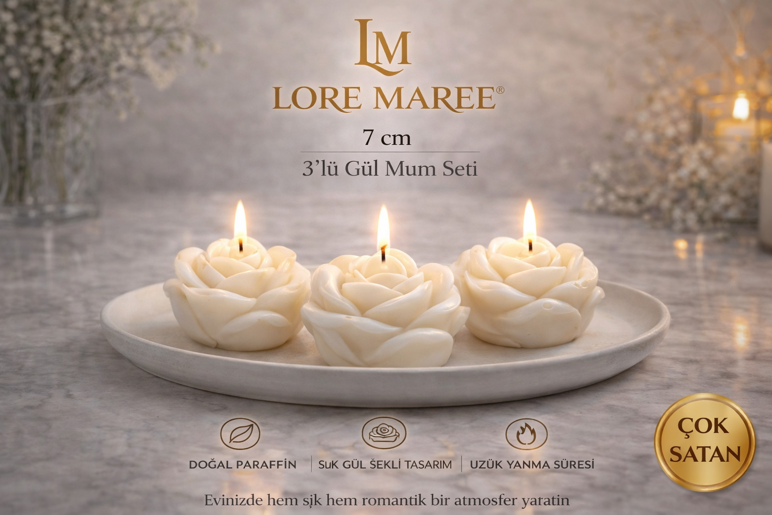 Lore Maree 3’lü Gül Mum Seti tabak fiyata dahil değildir (7 cm)