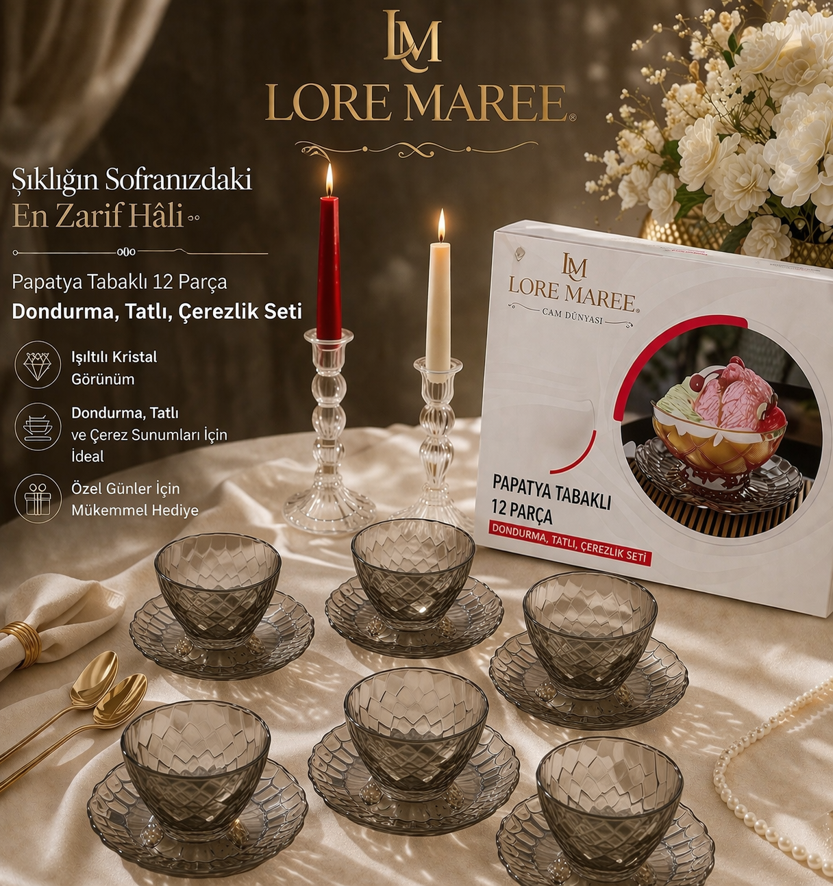 Lore Maree Papatya Tabaklı 12 Parça Cam Sunum Seti Zarafeti sofranıza taşıyın ✨