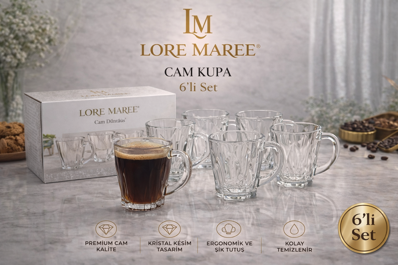 Lore Maree 6’lı Cam Kupa Seti