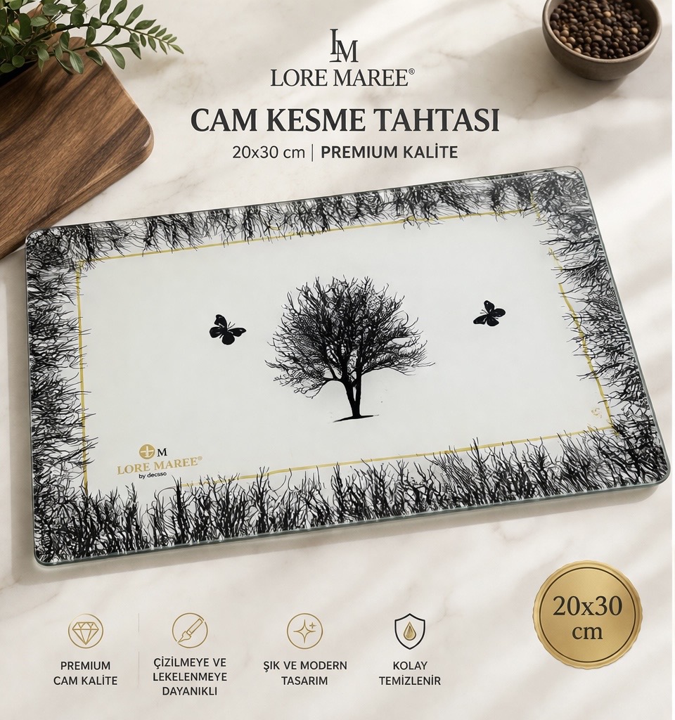 Lore Maree & Cam Dünyası kalitesiyle premium cam kesme tahtası 20x30cm