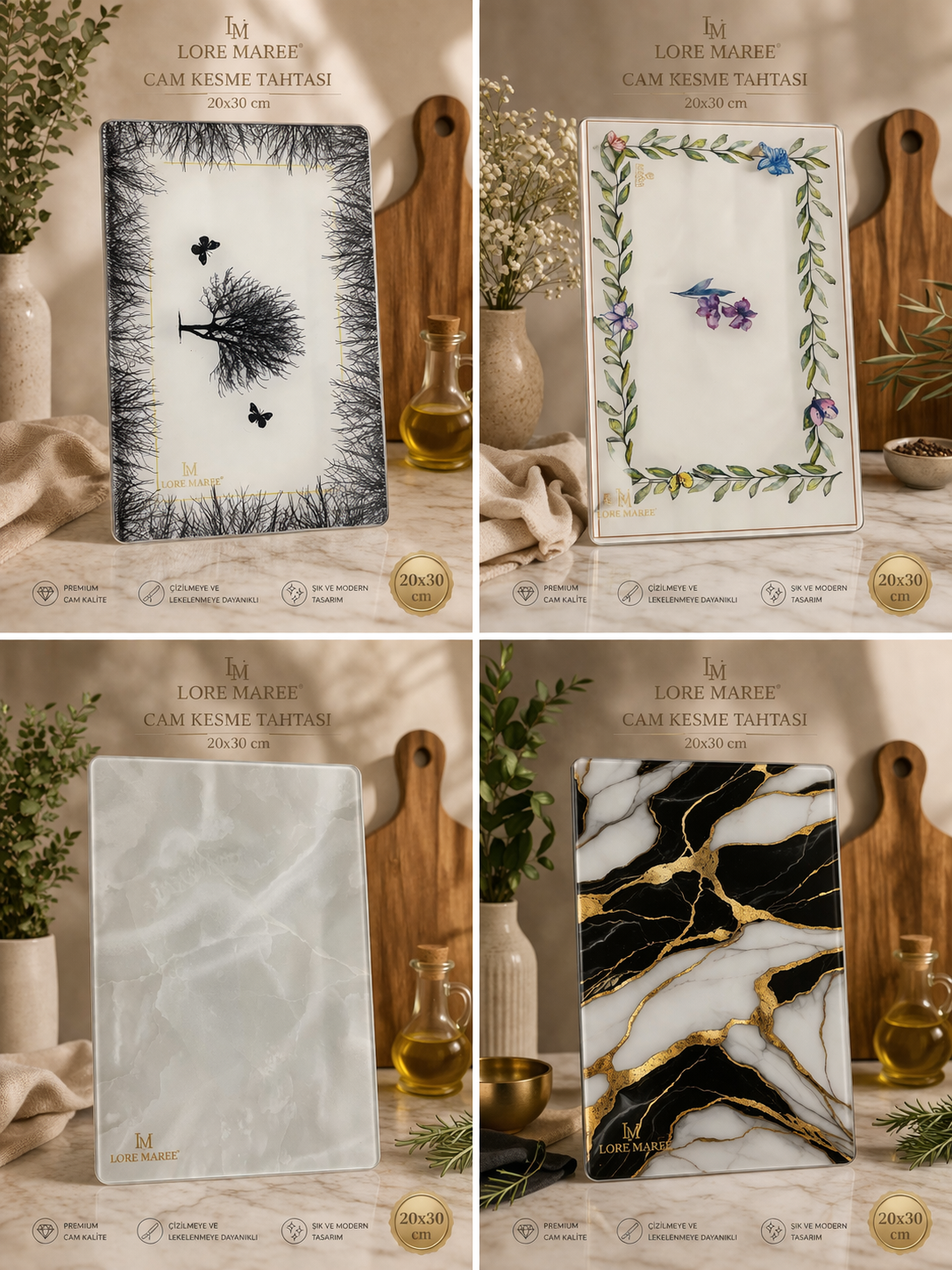 Lore Maree & Cam Dünyası kalitesiyle premium cam kesme tahtası 20x30cm