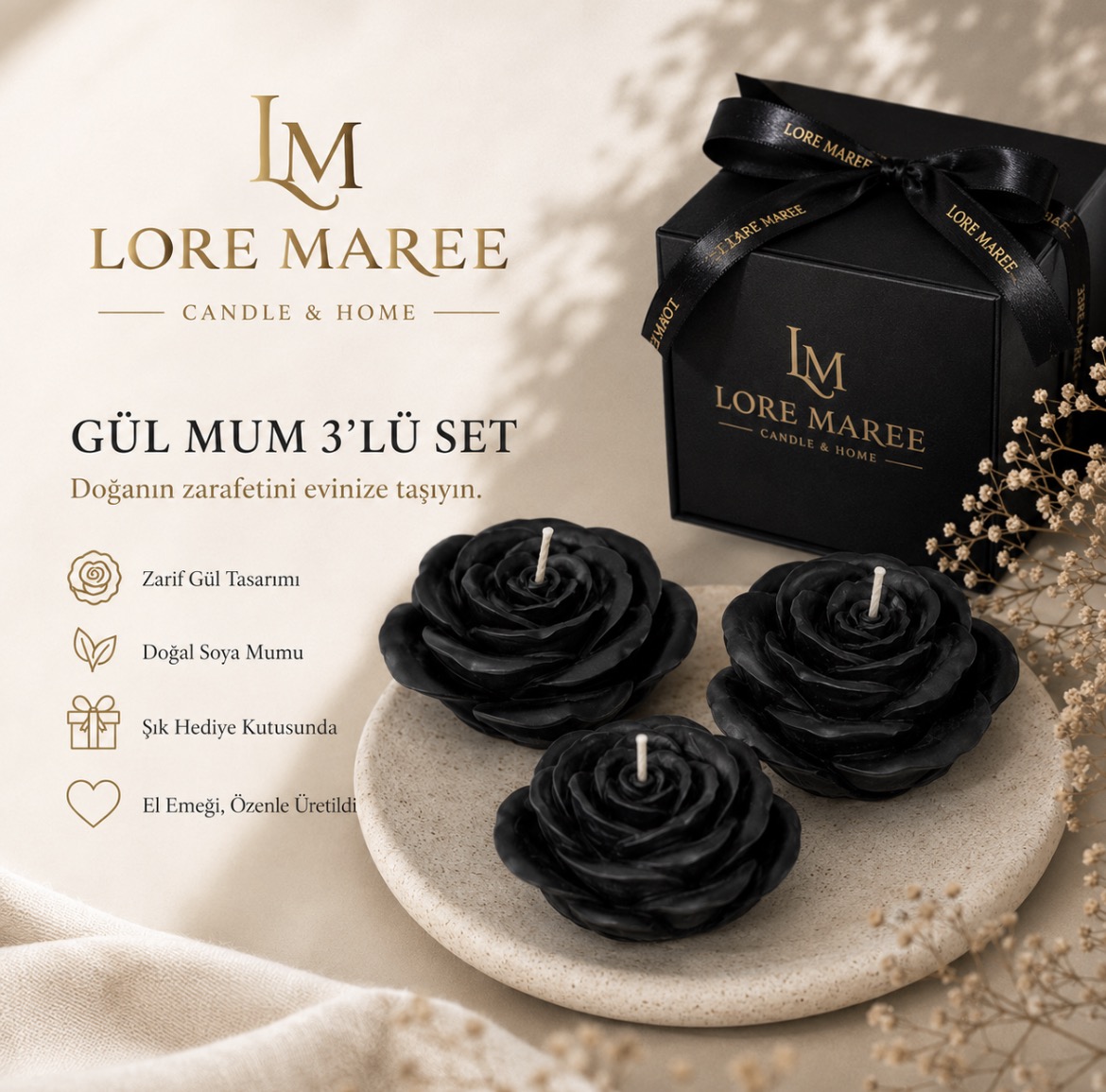 Lore Maree Gül Mum 3’lü Set