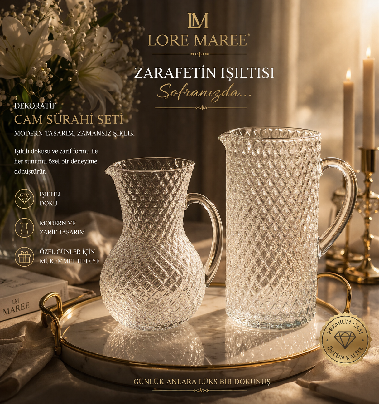 Lore Maree Dekoratif Cam Sürahi Seti (2’li)