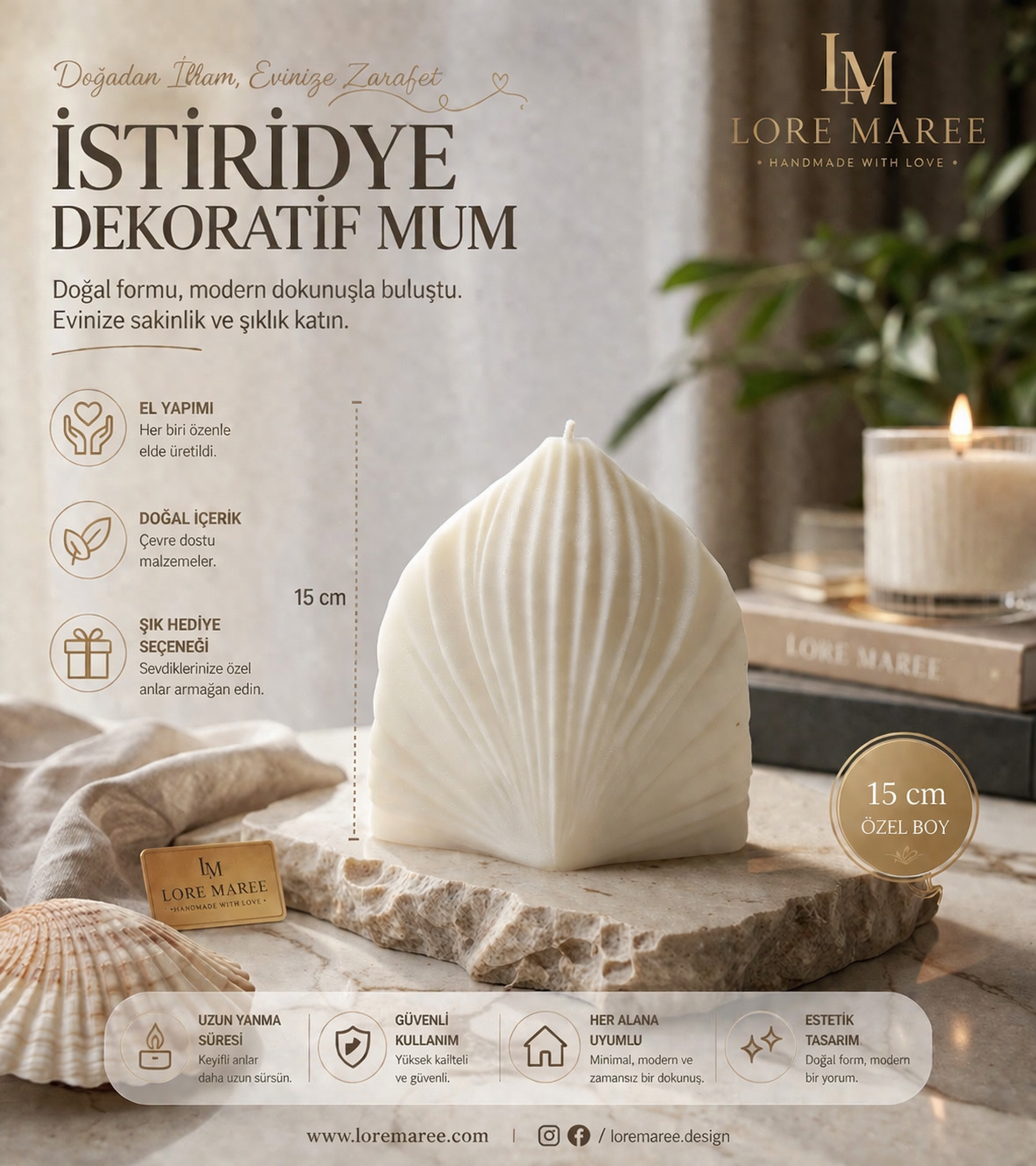 İstiridye Dekoratif Mum (15 cm) | LORE MAREE
