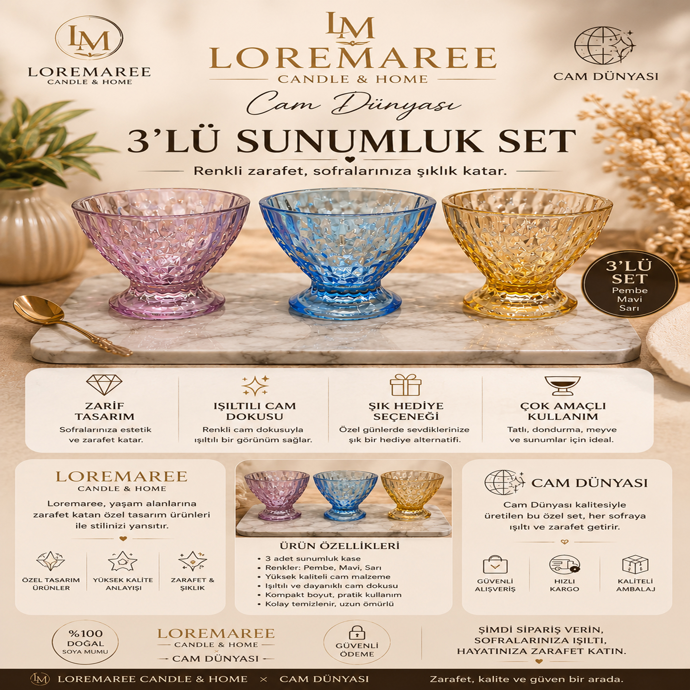 Lore Maree & Cam Dünyası 3'lü Renkli Cam Sunumluk Set